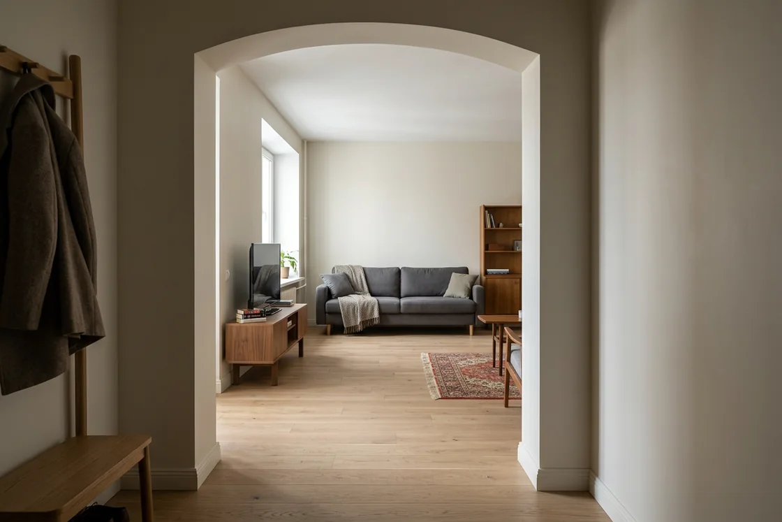 Единое напольное покрытие связывает комнаты квартиры
