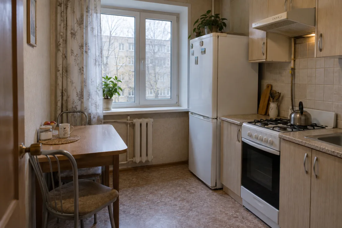 Кухня арендной квартиры с холодильником, плитой и обеденным столом