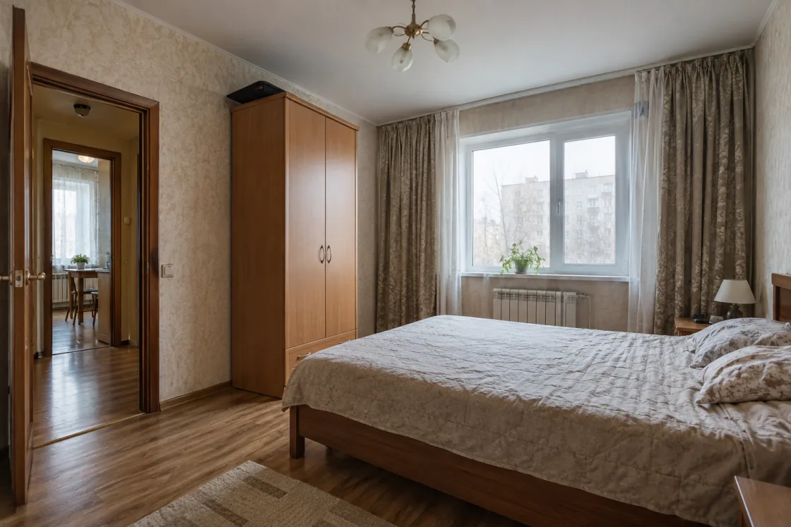Широкий кадр спальни с кроватью, шкафом, дверью и окном