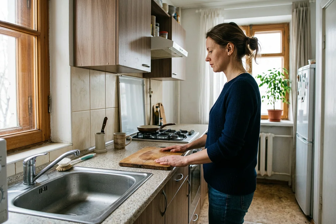 Человек проверяет удобство кухонной столешницы на обычной кухне
