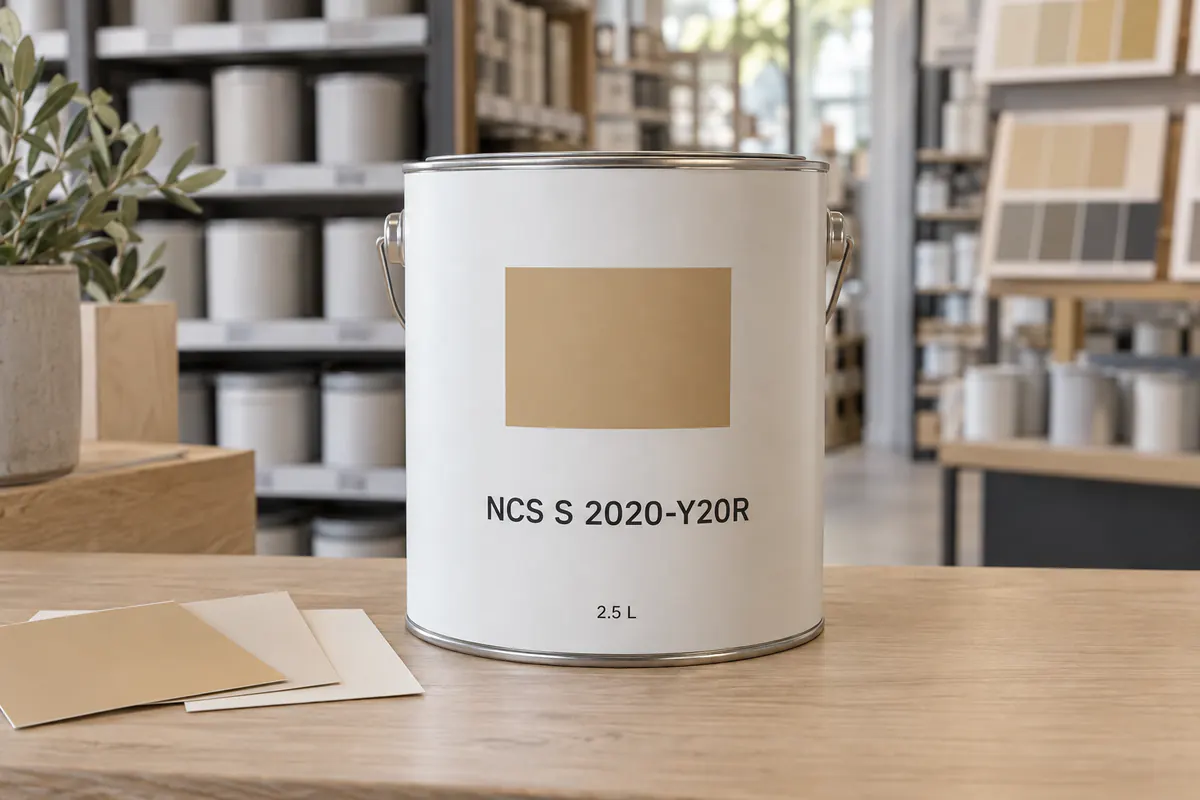 Банка краски в магазине с кодом NCS S 2020-Y20R на этикетке